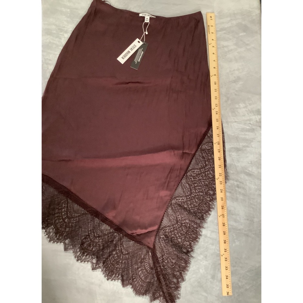 Steve Madden Mahogany Brown Satin Lace Trim Asymmetrical Midi Skirt DB17025F M - Picture 4 of 9